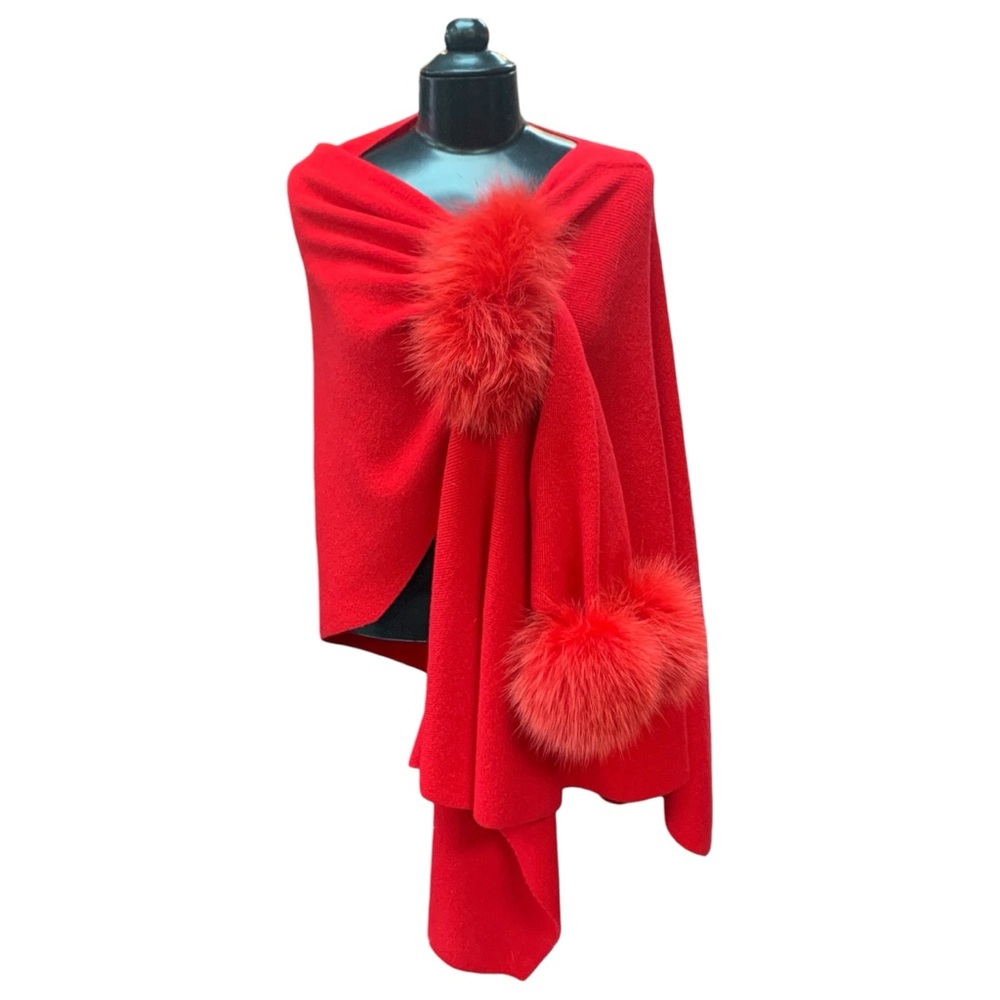 100% Wool Knitted Wrap with Pull Through Loop and Fox Pom Poms